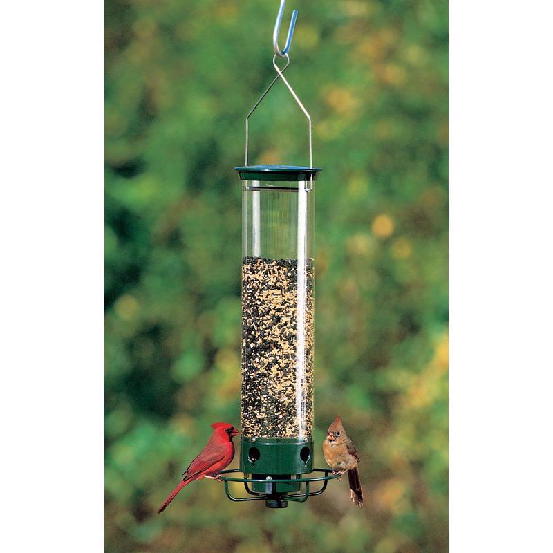 Emery Jensen FEEDR BIRD4QT Yankee FLP bird feeder with a clear plastic tube and metal cap, designed for outdoor bird feeding.