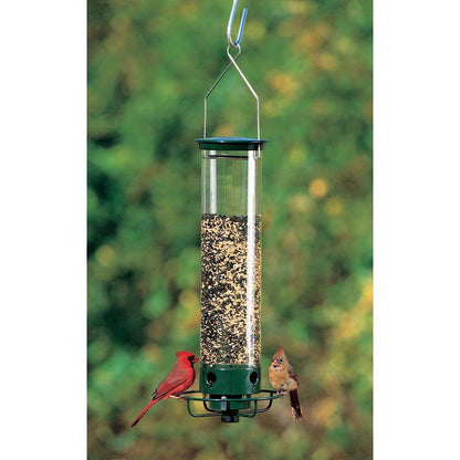 Emery Jensen FEEDR BIRD4QT Yankee FLP bird feeder with a clear plastic tube and metal cap, designed for outdoor bird feeding.