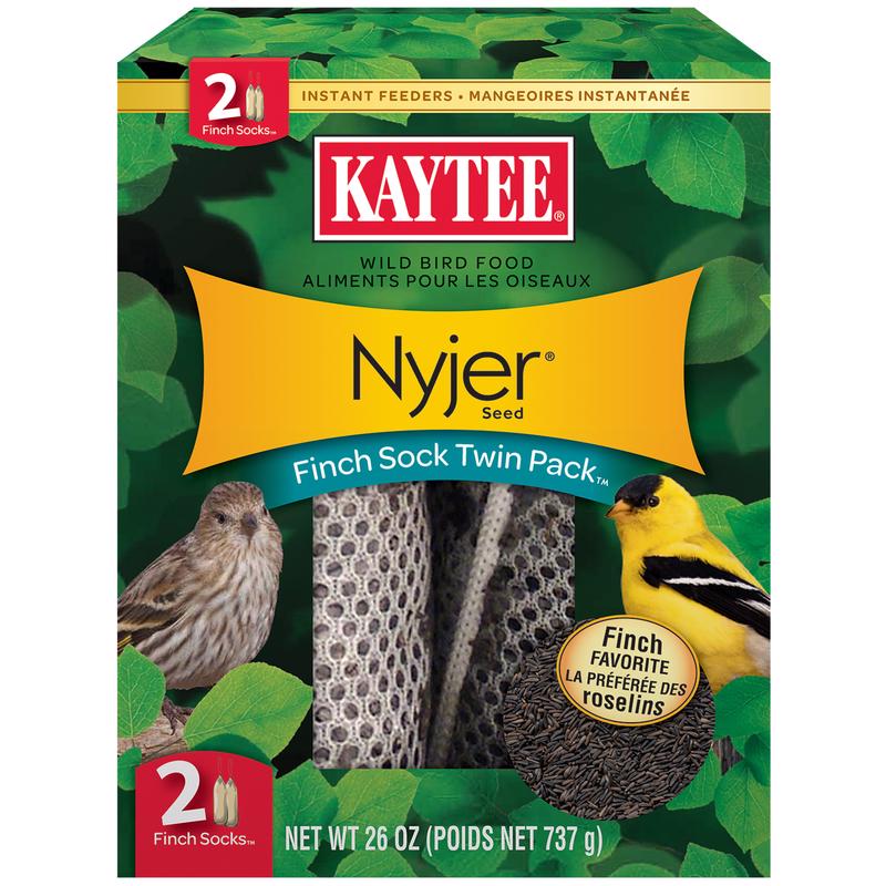 Emery Jensen Finch Sock bird feeders, 26oz capacity, 2-pack, hanging seed socks for attracting finches in outdoor gardens.