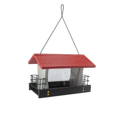 Emery Jensen bird feeder with green hopper design for suet feed, outdoor bird feeding station with metal roof and perch