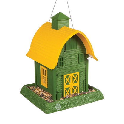 Green barn bird feeder by Emery Jensen, outdoor bird feeder with rustic barn design, ideal for attracting garden birds.