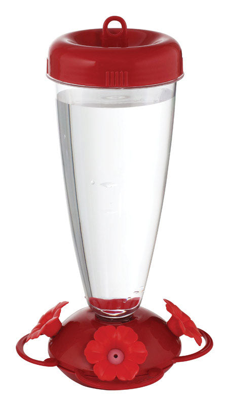 Emery Jensen HUMBRD Feedr Topfil bird feeder with 24oz capacity, shown hanging outdoors with birdseed inside.