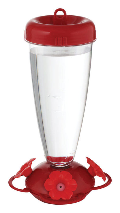 Emery Jensen HUMBRD Feedr Topfil bird feeder with 24oz capacity, shown hanging outdoors with birdseed inside.