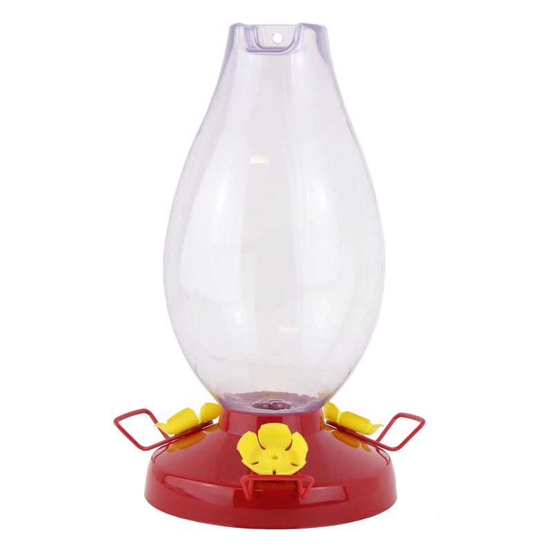 Emery Jensen hummingbird feeder with 33oz capacity, clear plastic reservoir and perch for attracting hummingbirds.