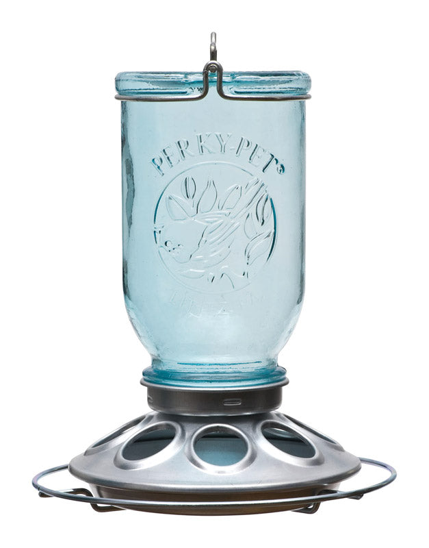Two Emery Jensen mason jar glass bird feeders with metal tops and feeding ports, designed for outdoor bird feeding.