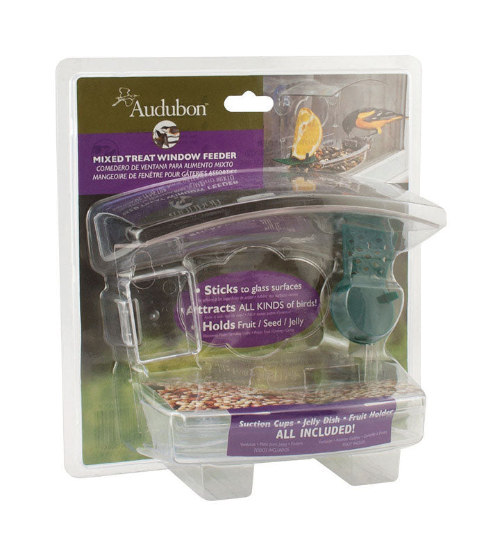 Emery Jensen Mix Treat Window Feeder for birds with seed compartments, designed to attach to windows for close-up bird watching.