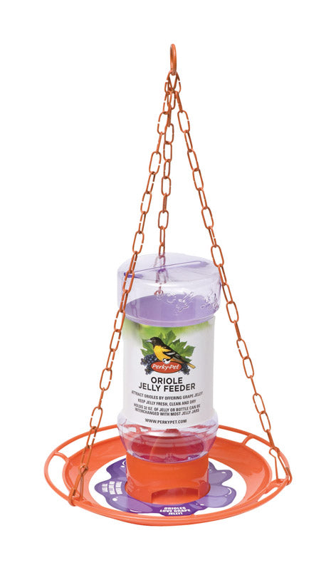 Emery Jensen oriole jelly bird feeder with bright orange design and clear feeding ports for attracting orioles.