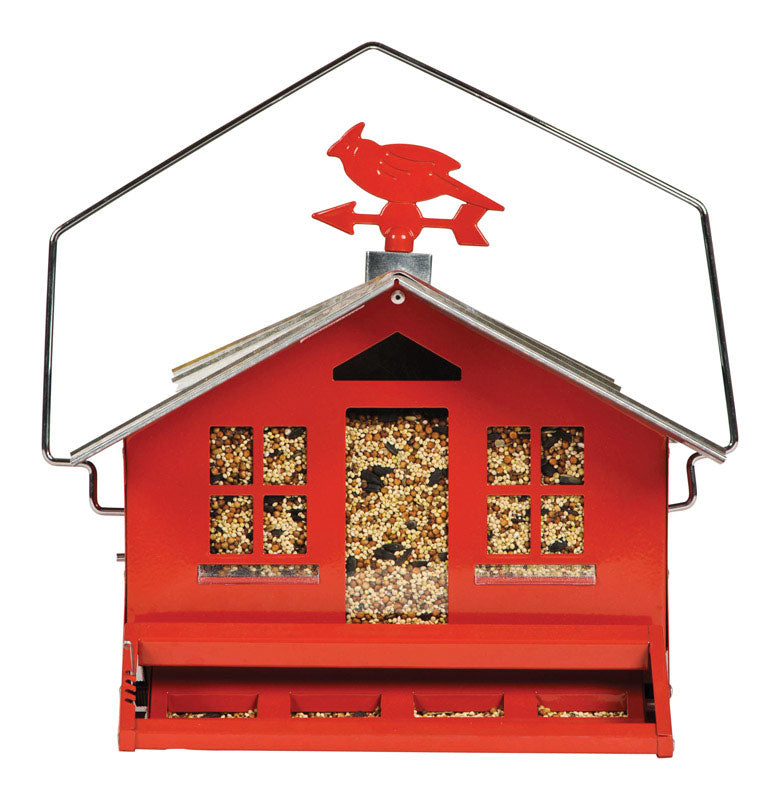Emery Jensen Squirl Be Gone Country Bird Feeder hanging outdoors with seed tray and wooden design for backyard birdwatching.