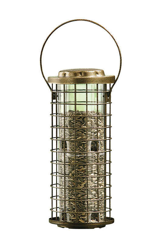 Emery Jensen squirrel-stump bird feeder with wooden design and perch, attracting various backyard birds.