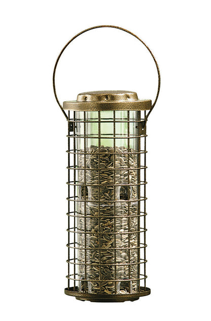 Emery Jensen squirrel-stump bird feeder with wooden design and perch, attracting various backyard birds.