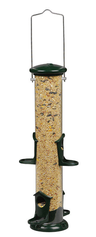Green Emery Jensen tube bird feeder holds 2 pounds of bird seed, designed to attract various garden birds.
