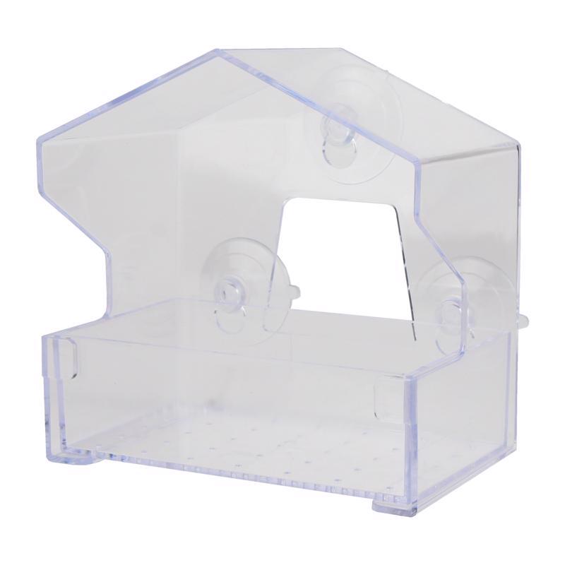 Clear window bird feeder by Emery Jensen displaying bird seed inside, designed for easy viewing of feeding birds.