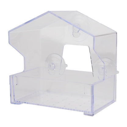 Clear window bird feeder by Emery Jensen displaying bird seed inside, designed for easy viewing of feeding birds.