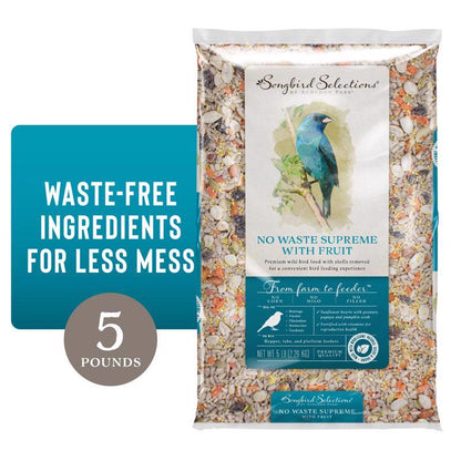 Emery Jensen Bird FD No Waste 5# bird seed bag showing colorful bird seed mix for attracting birds