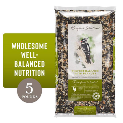 Emery Jensen bird seed blend in a 5-pound bag, designed to attract and nourish various wild bird species.