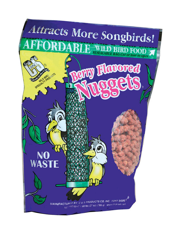 Emery Jensen Bird Nuggets Berry bird seed in a 27oz bag, colorful bird feed with berry flavor for outdoor bird feeding.