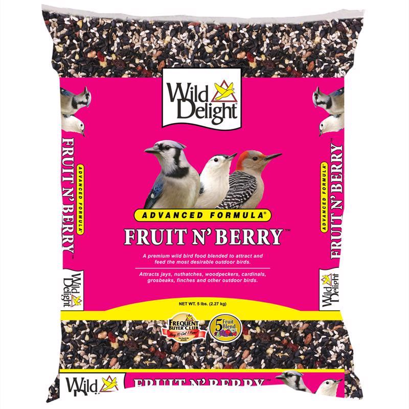 Emery Jensen Bird Food Fruit N Brry bird seed in a 5-pound bag, showing colorful bird seed mix in a clear container.