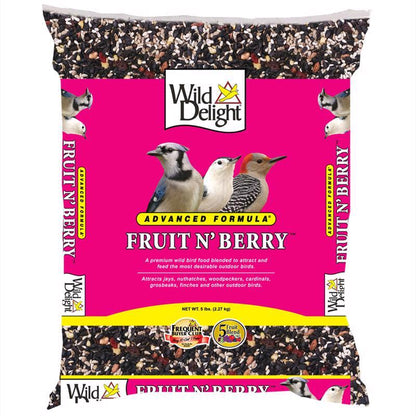 Emery Jensen Bird Food Fruit N Brry bird seed in a 5-pound bag, showing colorful bird seed mix in a clear container.