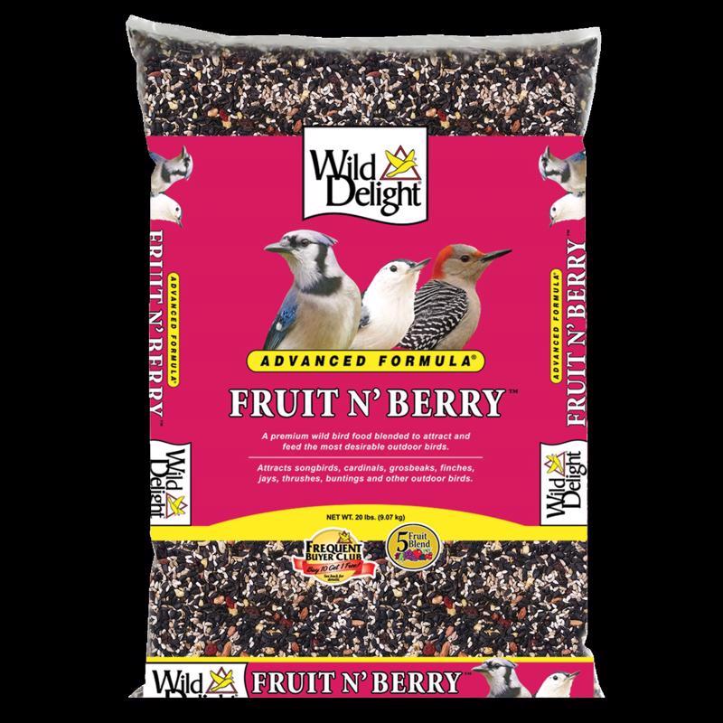 Emery Jensen bird seed mix with fruit and berries in a 20-pound bag, ideal for attracting colorful backyard birds.