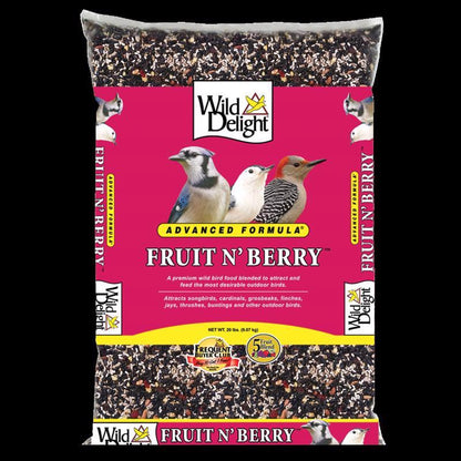 Emery Jensen bird seed mix with fruit and berries in a 20-pound bag, ideal for attracting colorful backyard birds.