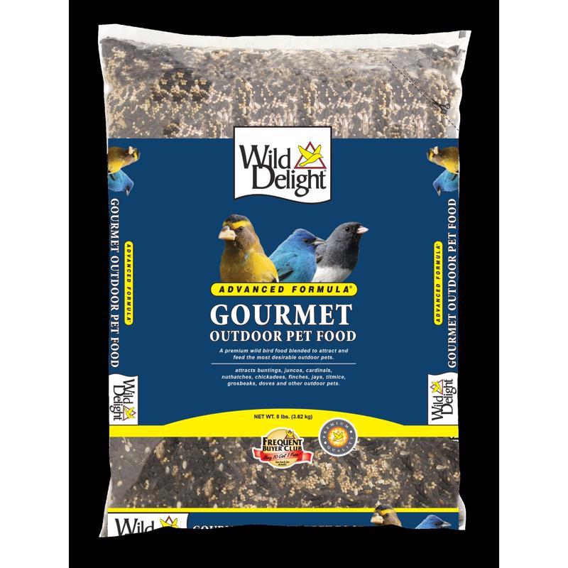 Emery Jensen BirdFood Gourmet 8# bird seed mix in a clear bag with visible seeds and colorful bird illustrations on the packaging.