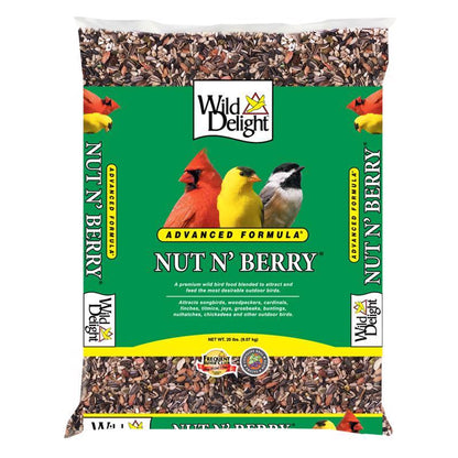 Emery Jensen BirdSeed Nut N Berry bird food mix in a 20-pound bag with assorted seeds and nuts for wild birds.