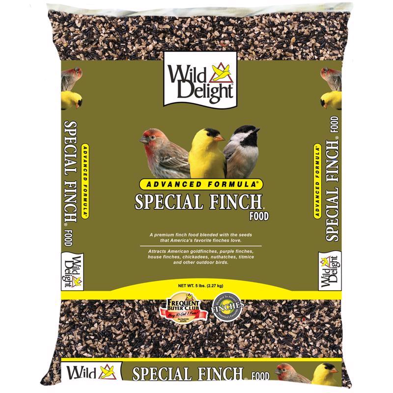 Emery Jensen bird seed mix labeled BirdFood Special FNCH 5# with colorful bird feed particles in a bag.