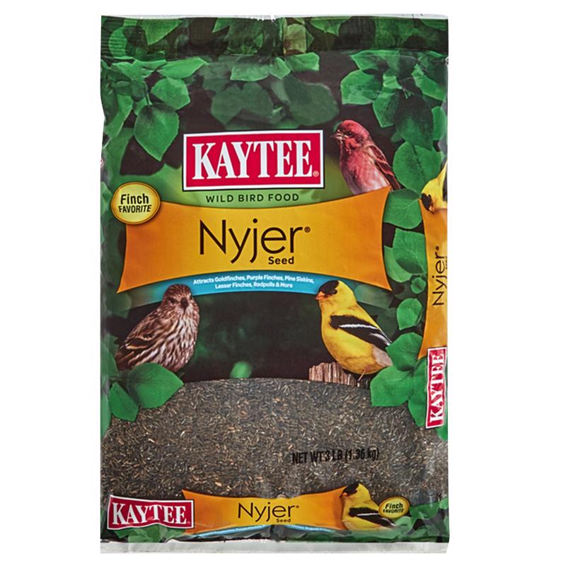 Emery Jensen bird seed Nyjer 3-pound bag, showing bright yellow bird seed in a clear bag for attracting small birds.