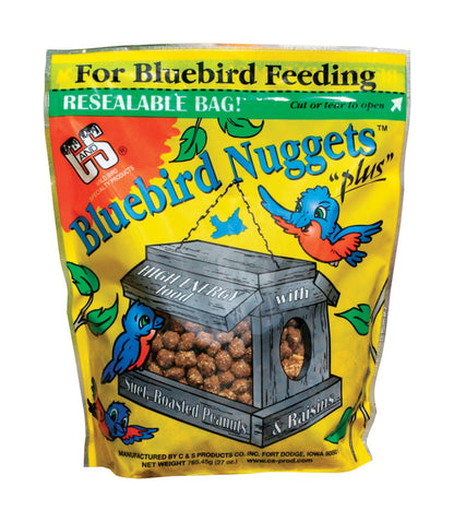 Emery Jensen BlueBRD Nuggets Plus bird seed in a 27 oz bag, suitable for feeding various garden birds.