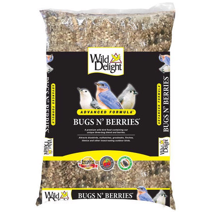 Emery Jensen Bugsnberries bird seed in a 4.5-pound bag, showing colorful bird seed mix with various seeds and dried berries.