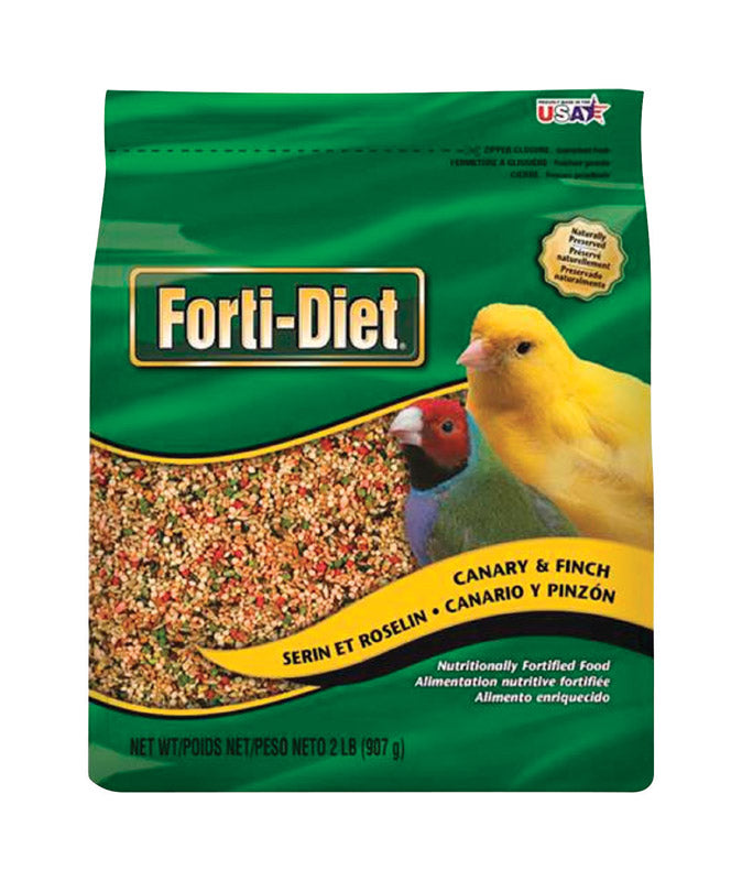 Emery Jensen bird seed for canaries and finches in a 2-pound bag, showing colorful bird seed mix in a clear bag.