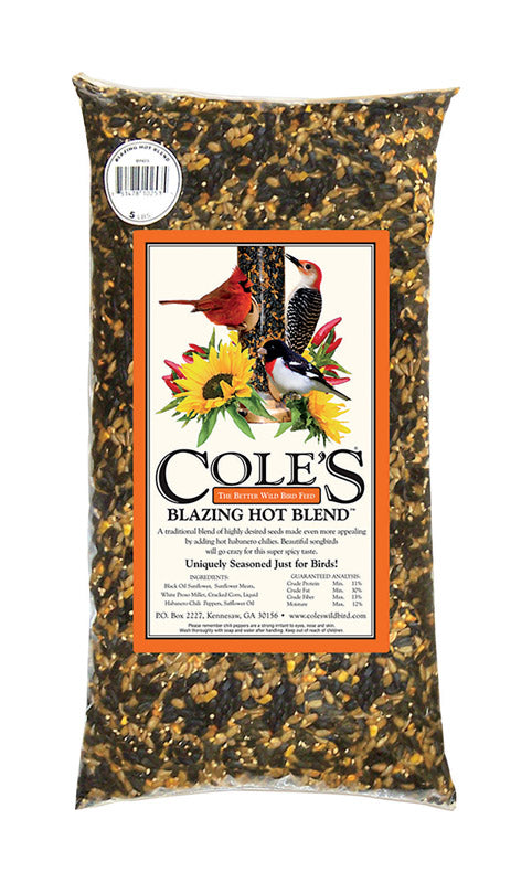 Six packs of Emery Jensen Cole's Blazing Hot bird seed, 5lb each, in colorful packaging showing bird seed blend and brand logo.