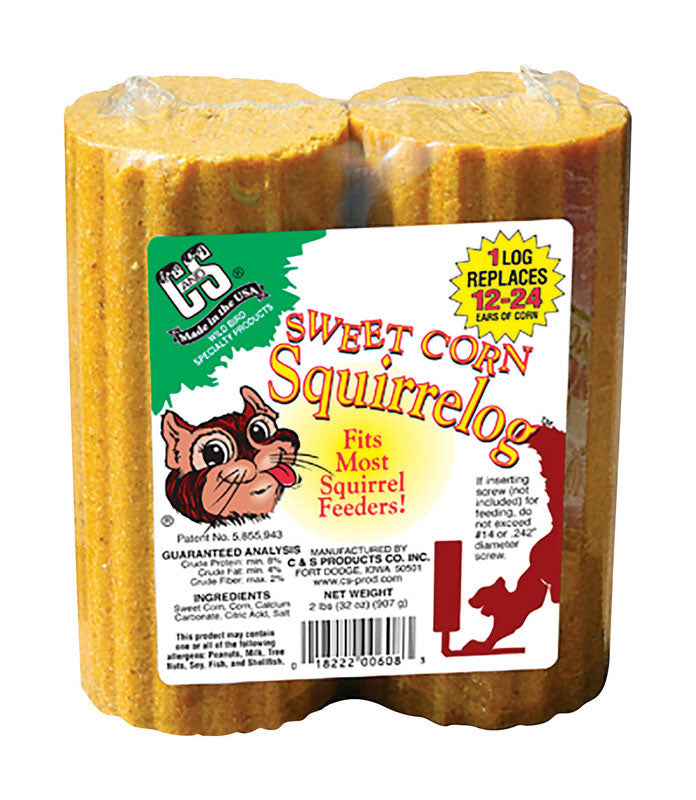 Two Emery Jensen corn squirrel logs bird seed blocks designed to attract squirrels and birds to your garden feeder.