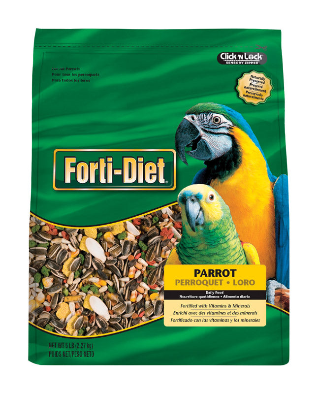 Emery Jensen bird seed mix in a 5lb bag, designed for parrots, showing colorful seeds and packaging.