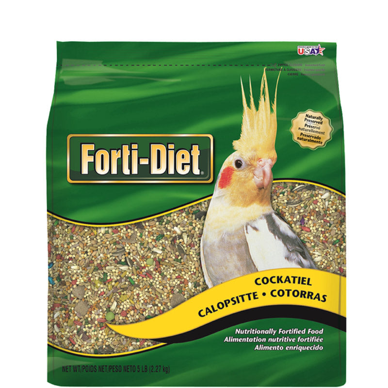 Emery Jensen bird seed bag for cockatiels, 5-pound bag of bird seed with colorful bird on the label.
