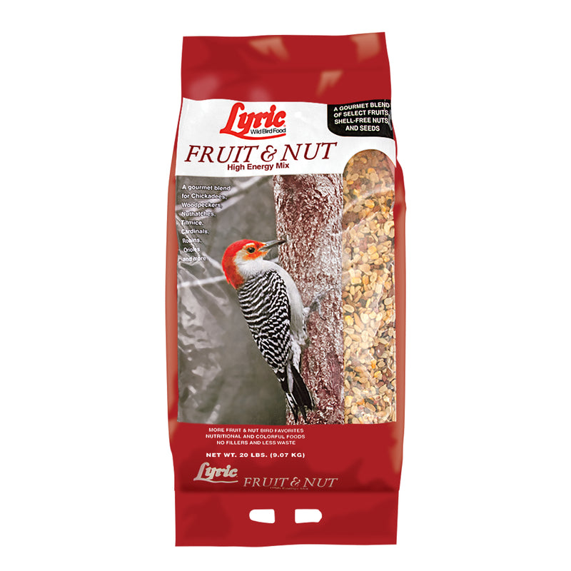 Emery Jensen fruit and nut bird seed mix in a 20-pound bag, containing colorful seeds and nuts for wild birds.