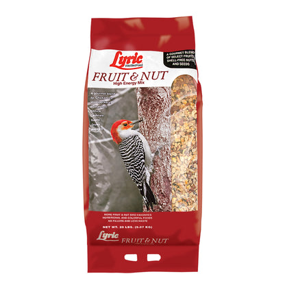 Emery Jensen fruit and nut bird seed mix in a 20-pound bag, containing colorful seeds and nuts for wild birds.