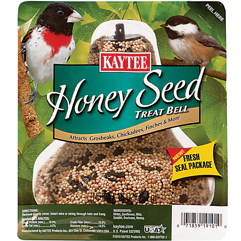 Emery Jensen HNY Bird Seed Bell 1 lb hanging bird feeder with mixed bird seed for outdoor feeding.