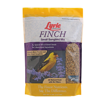 Emery Jensen Lyric Finch bird seed in a 5-pound bag, featuring a colorful finch on the packaging for attracting small songbirds.