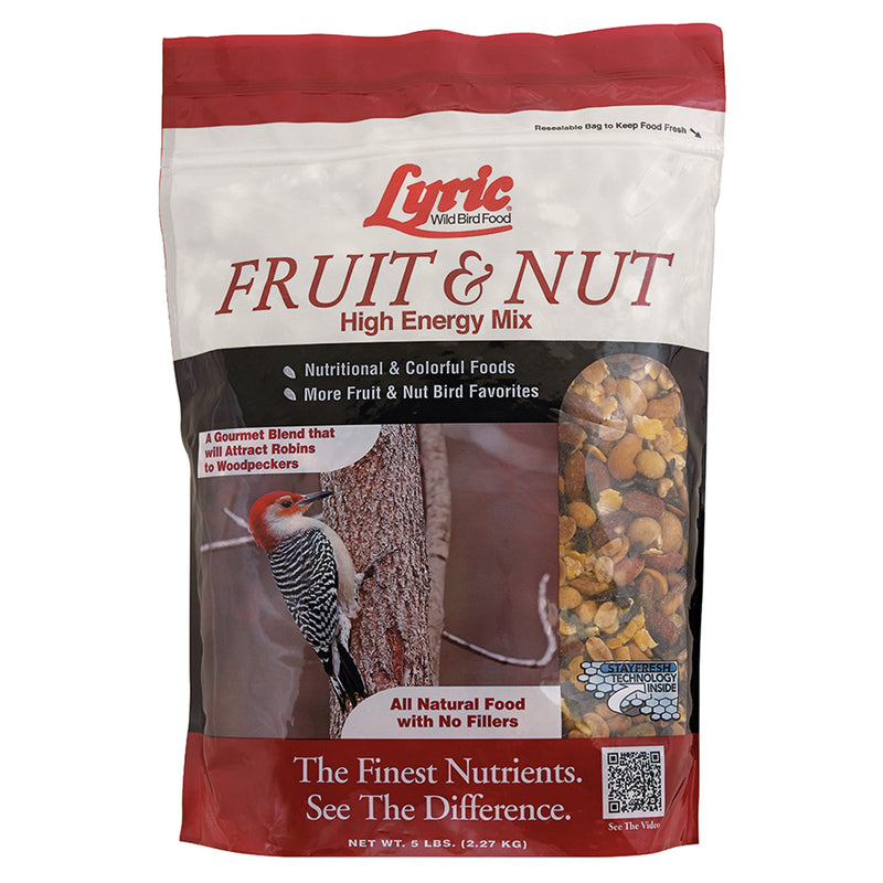 Emery Jensen Lyric Fruit & Nut bird seed 5-pound bag with a colorful mix of seeds and dried fruit for wild birds