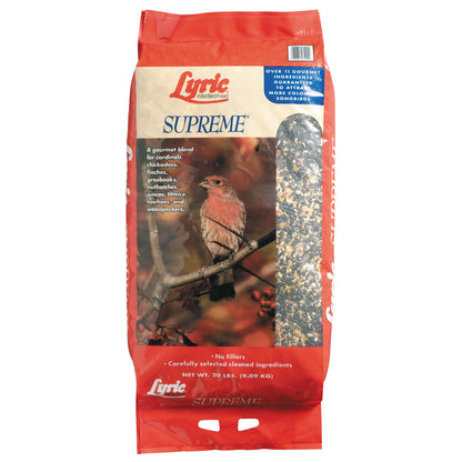 Emery Jensen LYRIC SUPREME 20# bird seed bag showing colorful bird illustrations on the packaging.