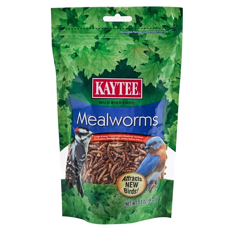 Emery Jensen bird seed pouch with 3.5oz of mealworms, ideal for bird feeding and attracting wild birds.
