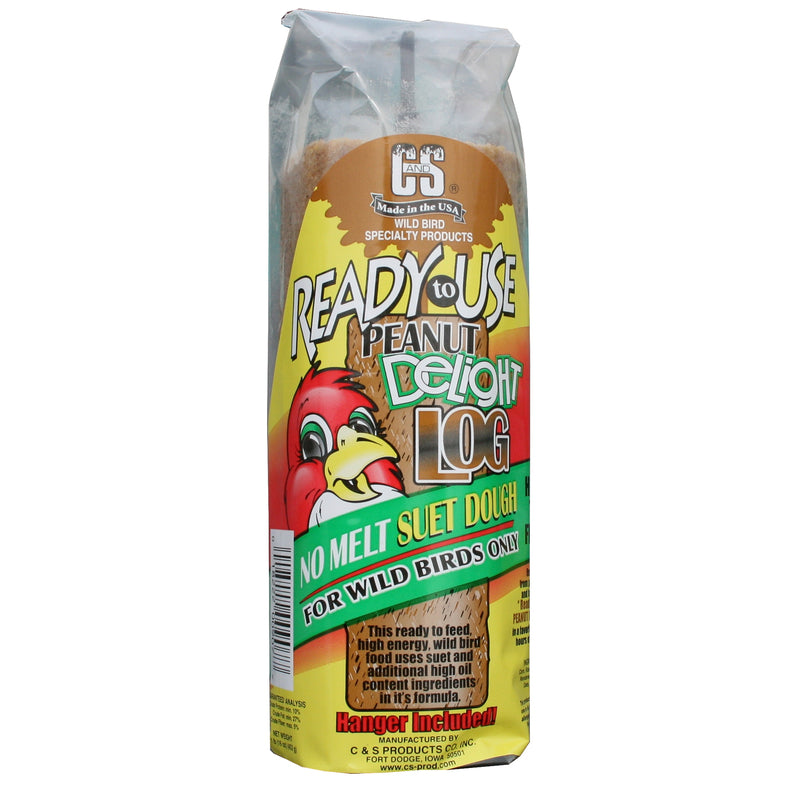 Emery Jensen Peanut Delight Bird Seed Log showing a log-shaped bird seed treat with peanuts and seeds for outdoor birds.