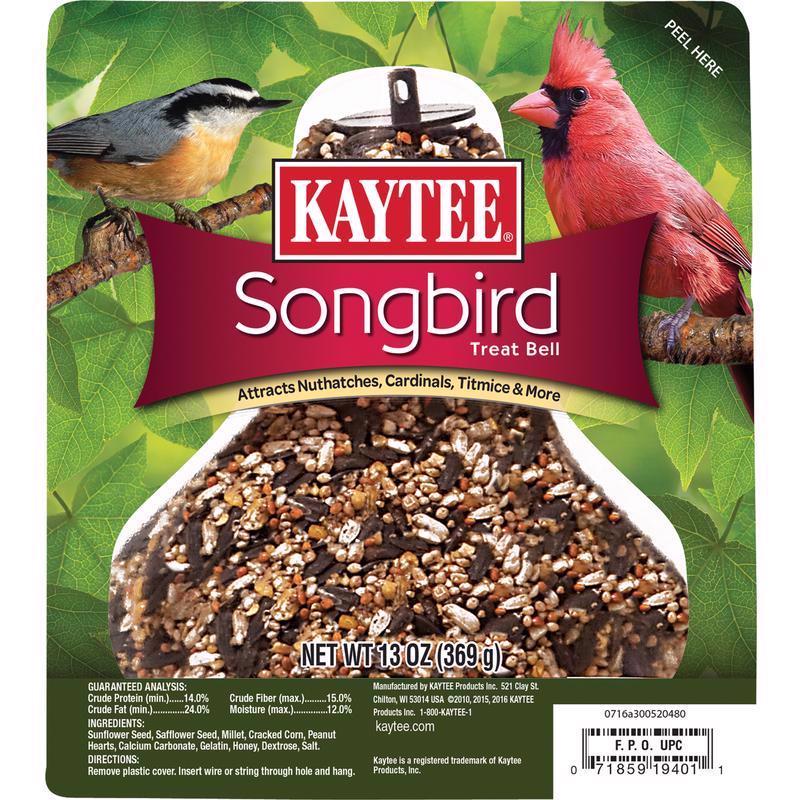 Emery Jensen Songbird Bell 13oz bird seed in a clear container, designed for attracting songbirds to your garden.