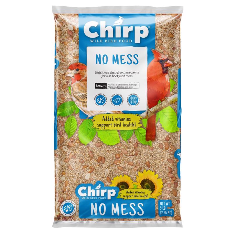Emery Jensen Wild Bird FD No Mess 5lb bird seed bag with colorful bird illustrations and clear product labeling.