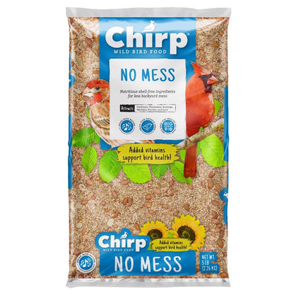 Emery Jensen Wild Bird FD No Mess 5lb bird seed bag with colorful bird illustrations and clear product labeling.
