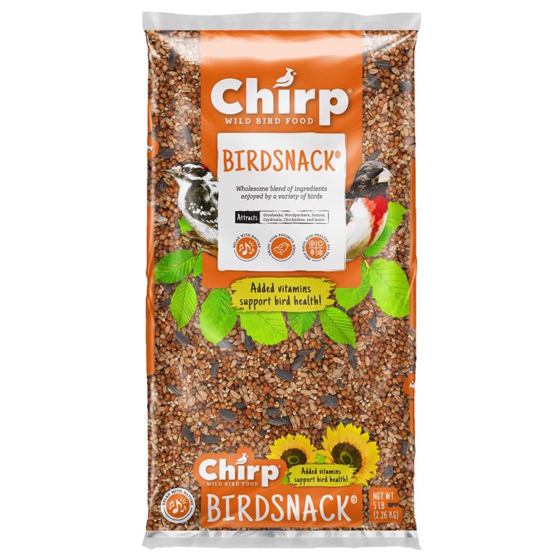 Emery Jensen Wild Bird Seed Bag, 5lb, natural bird seed mix for attracting wild birds, displayed outdoors with seed spilling.