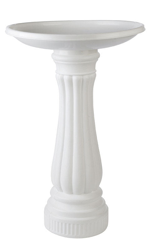 Six white resin birdbaths by Emery Jensen, decorative outdoor birdbaths with classic design, ideal for garden bird-watching.