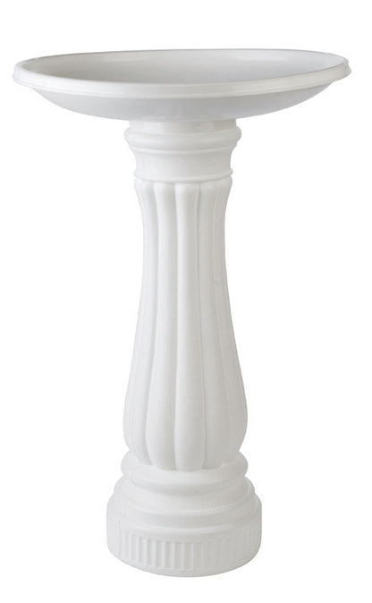 Six white resin birdbaths by Emery Jensen, decorative outdoor birdbaths with classic design, ideal for garden bird-watching.