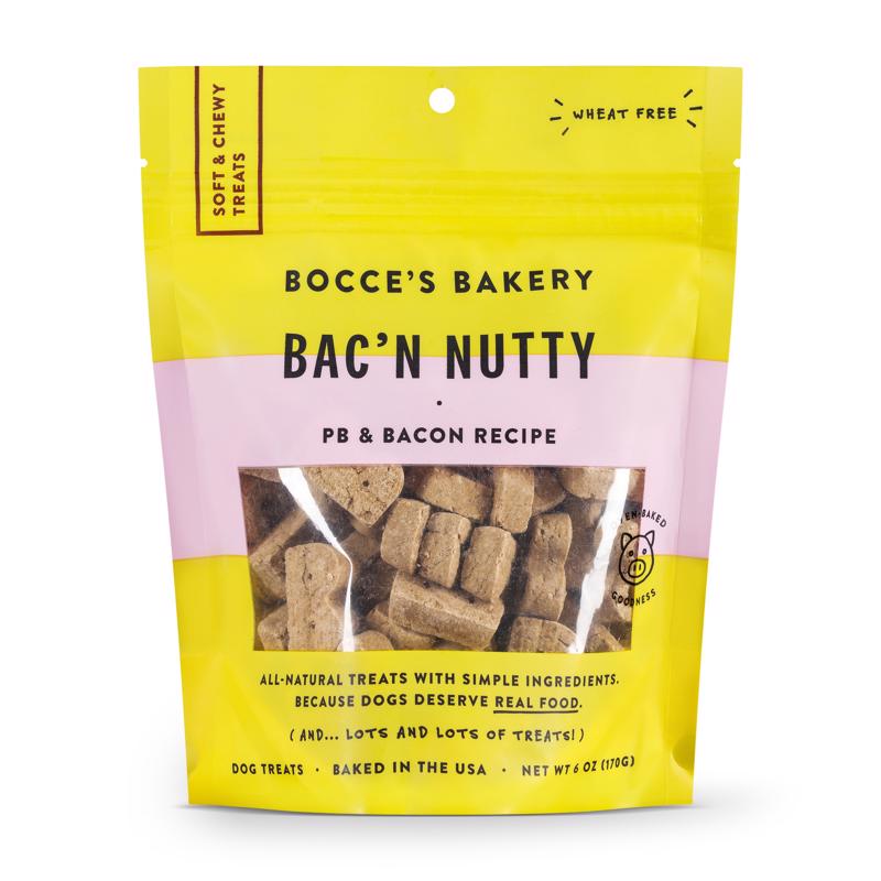 Emery Jensen Bocces Chew Bacon Nutty dog treats in a resealable bag, showing the nutty biscuit treats for dogs.